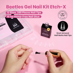 Beetles Etch-X almond short nail tips close-up shows natural-fit edge for daily wear.