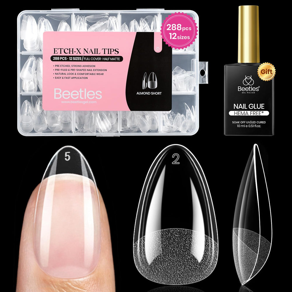 Beetles Etch-X almond short nail tips packaging for easy home DIY upgrades.
