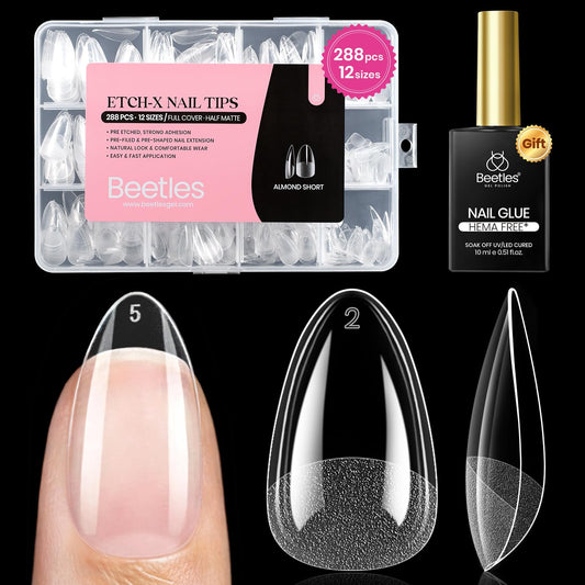 Beetles Etch-X almond short nail tips packaging for easy home DIY upgrades.