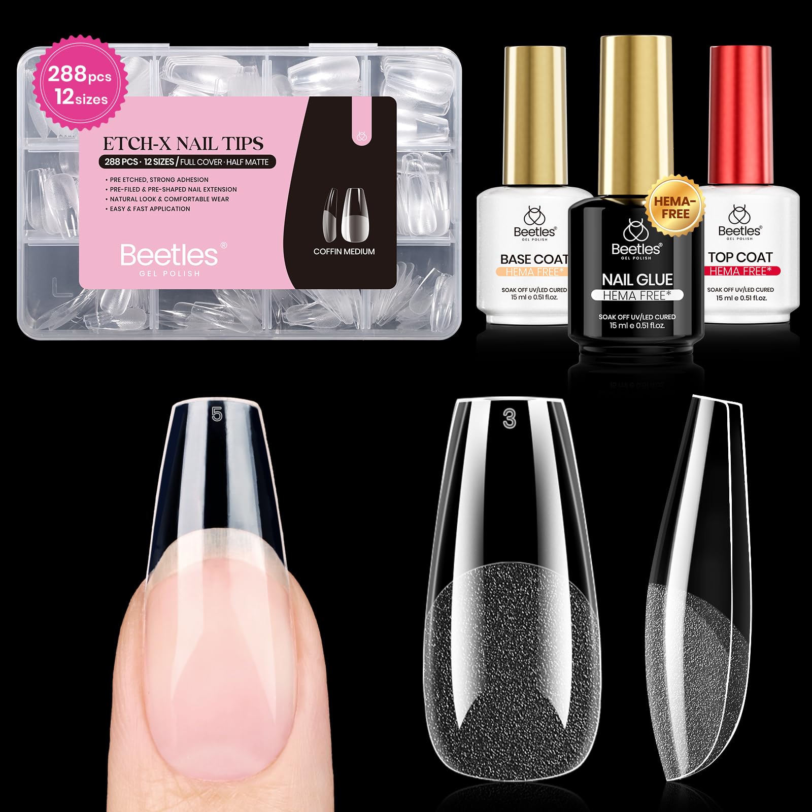 Beetles Etch-X coffin medium nail tips in 12 sizes for precise natural-fit manicures