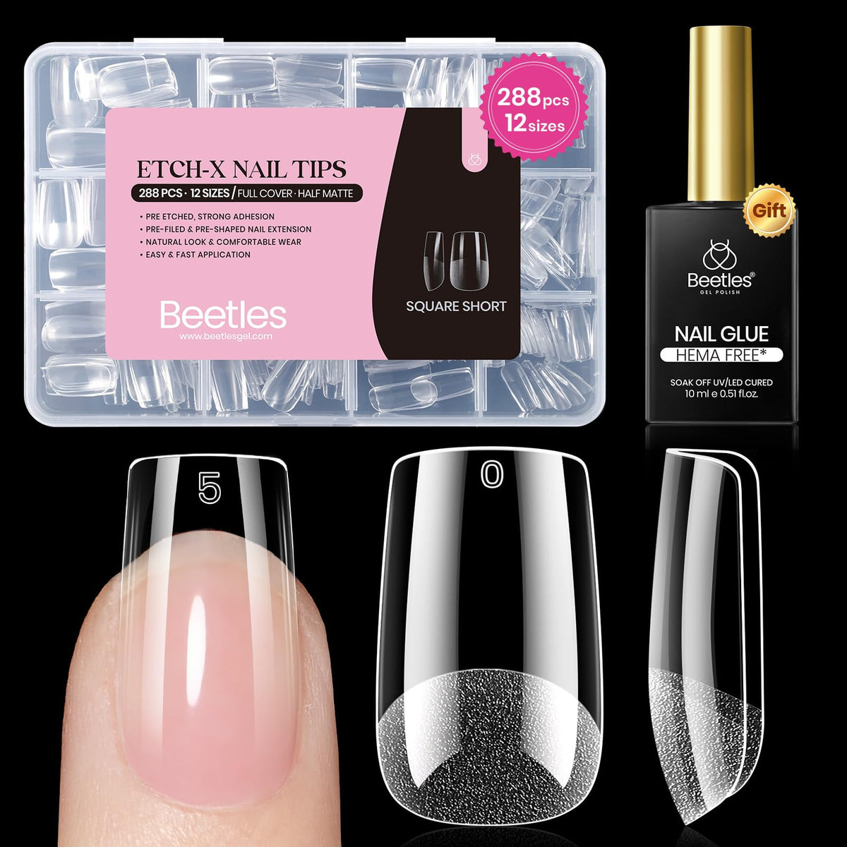 Beetles Etch-X square short nail tips: 288-piece set for natural at-home manicures