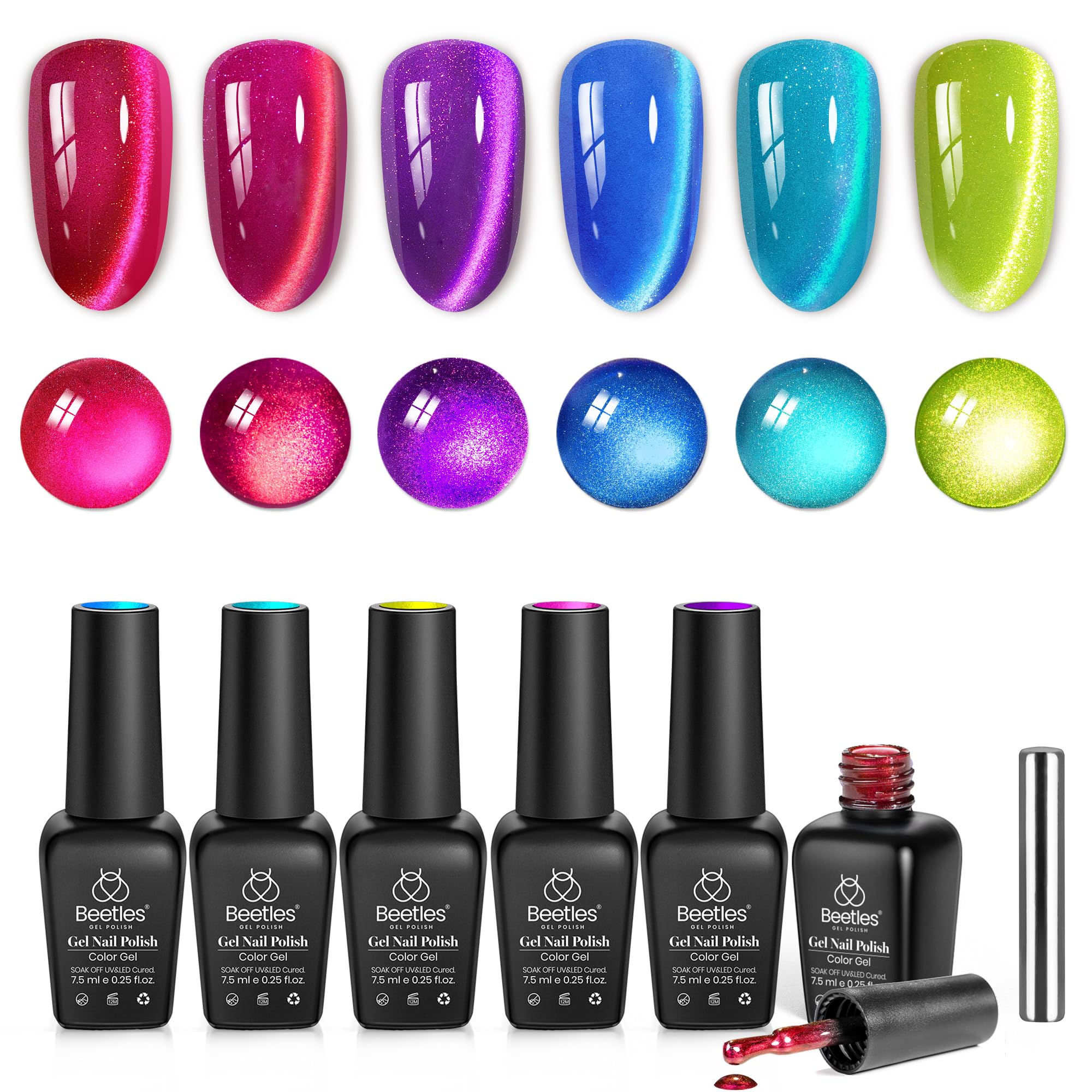Beetles Fairy Prism Cat Eye kit swatches in six colors for versatile nails