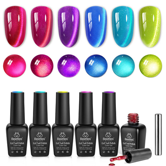 Beetles Fairy Prism Cat Eye kit swatches in six colors for versatile nails