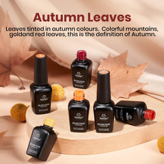 Beetles fall leaf nail art design using orange, red, and yellow tones.
