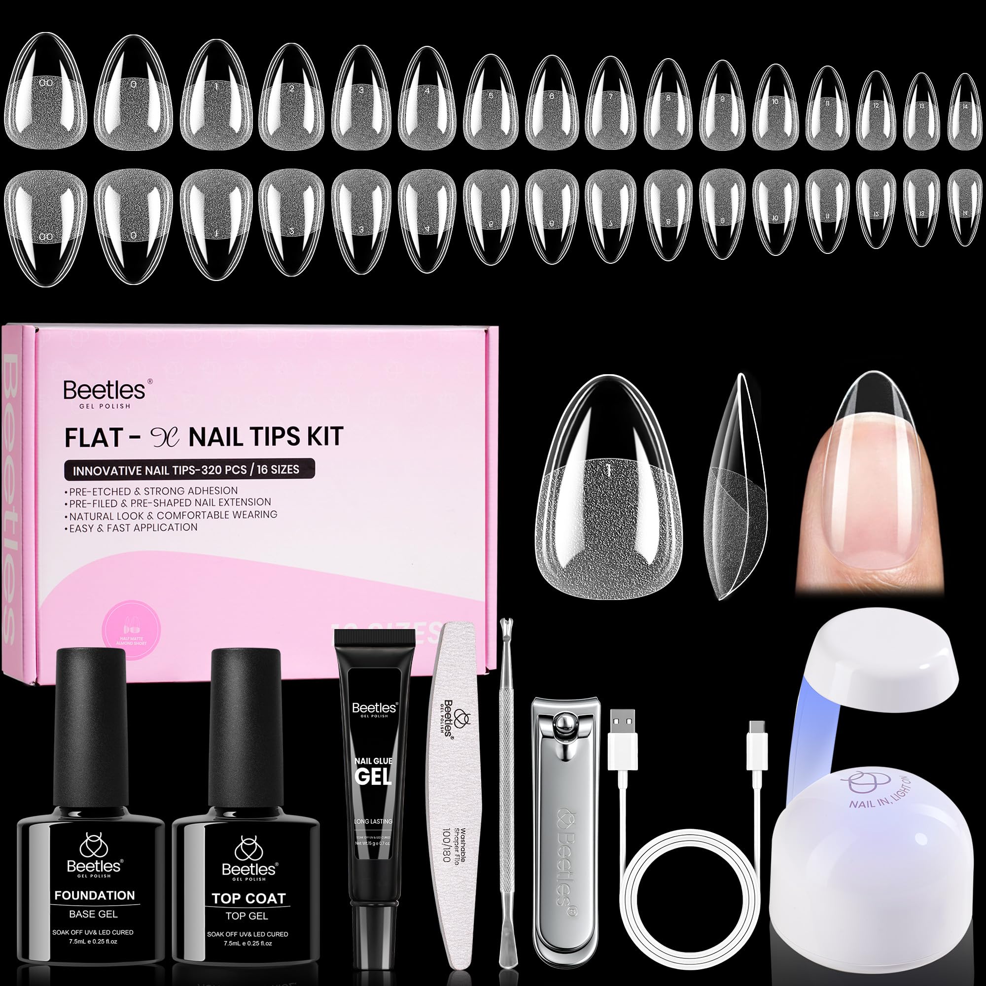 Beetles Flat-X almond nail tips 320pc for a flush, natural look