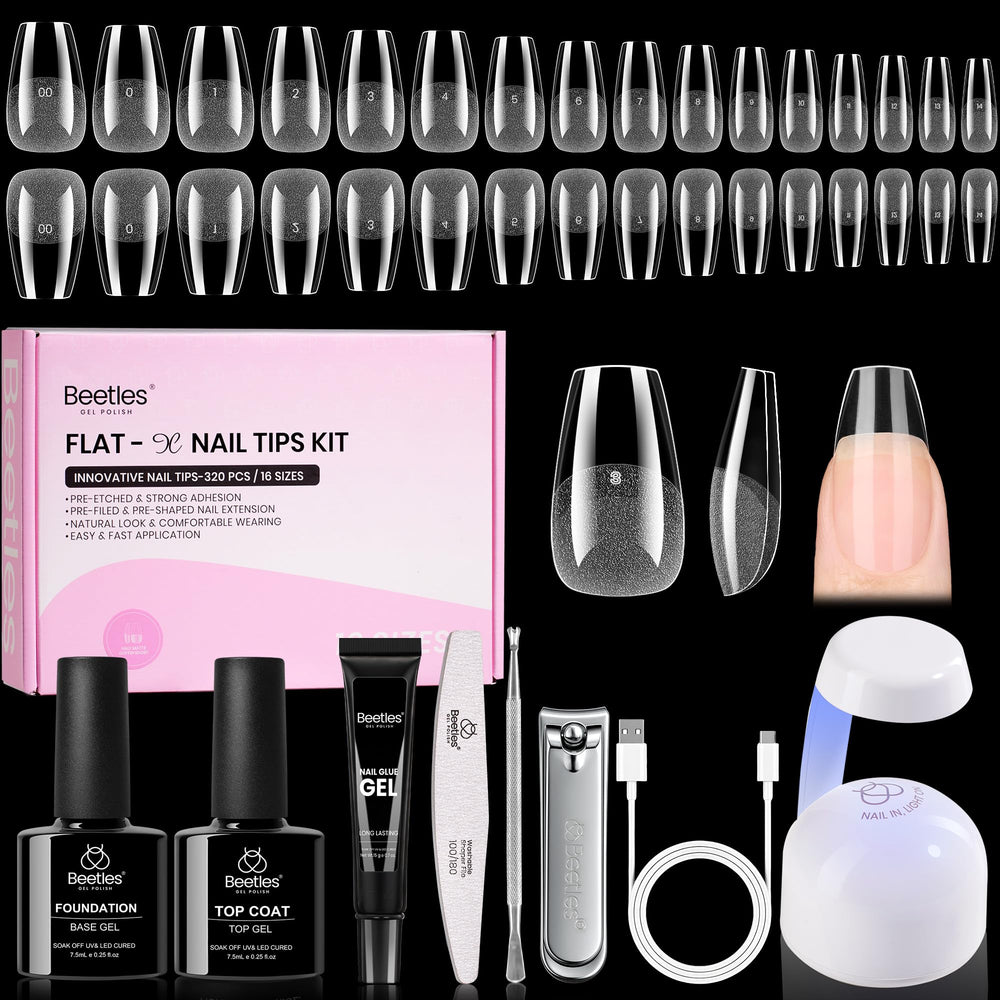 Beetles Flat-X coffin nail tips 320pcs for precise at-home extensions.