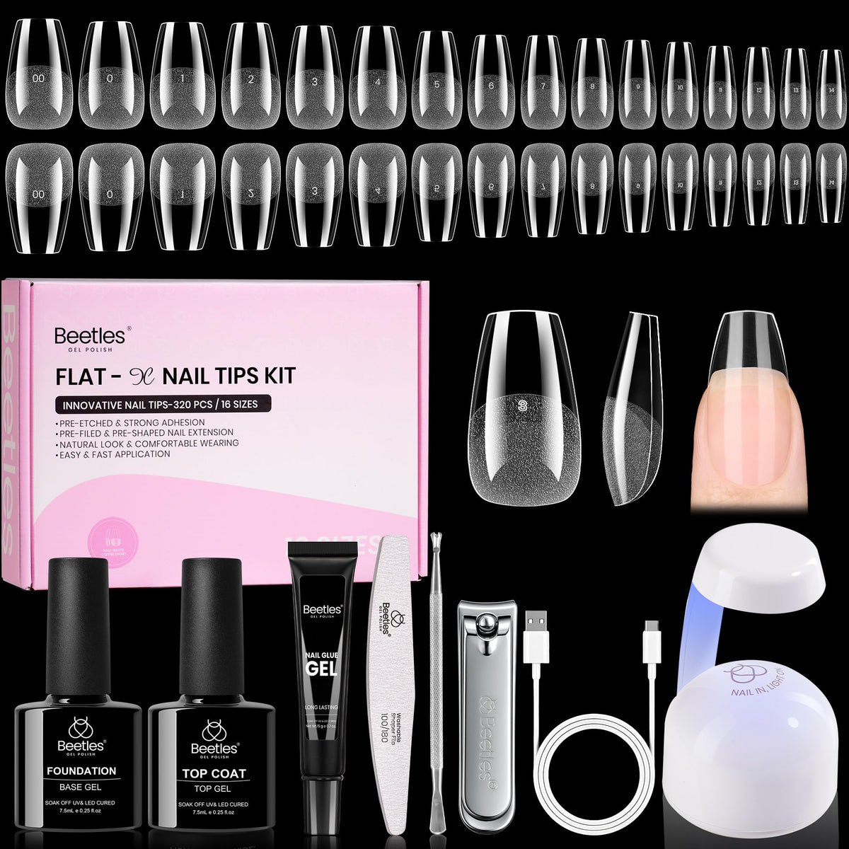 Beetles Flat-X coffin nail tips 320pcs for precise at-home extensions.