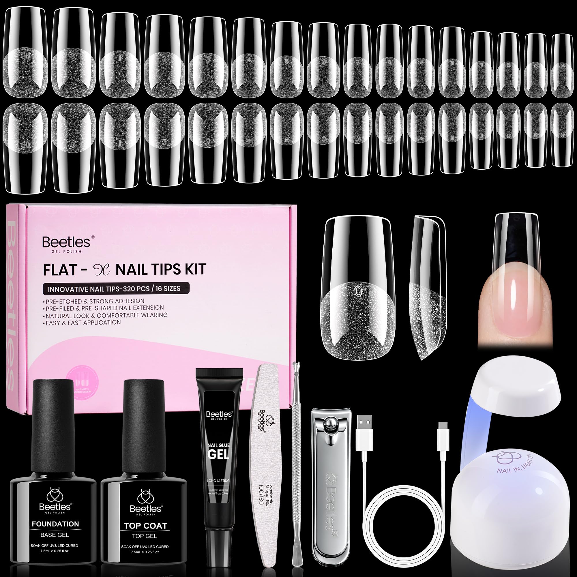 Beetles Flat-X square nail tips shown for flush fit and reduced lifting