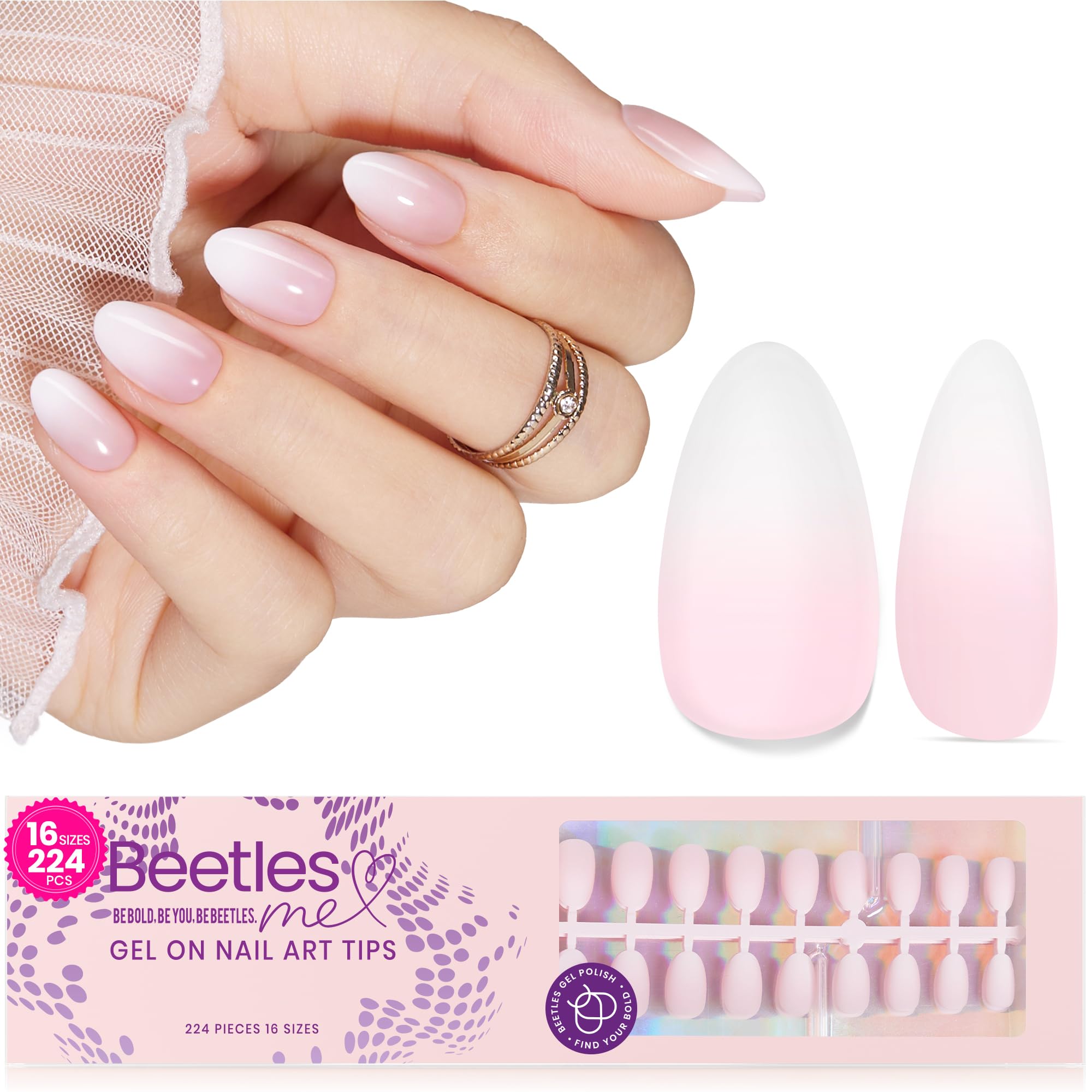 Beetles French tip press-on nails in ombre pink with extra short almond shape for quick wear