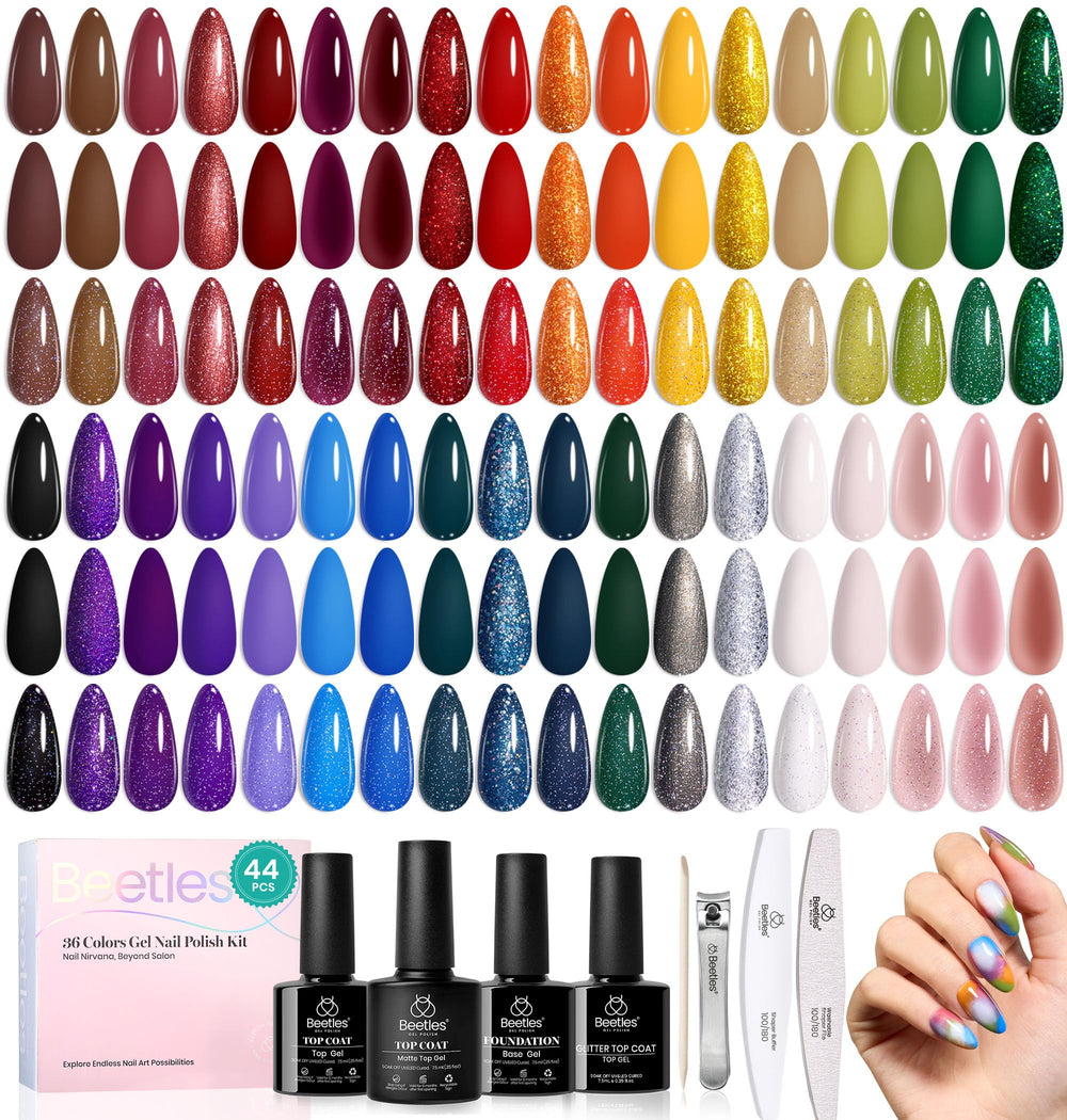 Beetles Gel Nail Kit 36 colors swatches show vibrant finishes for DIY nails