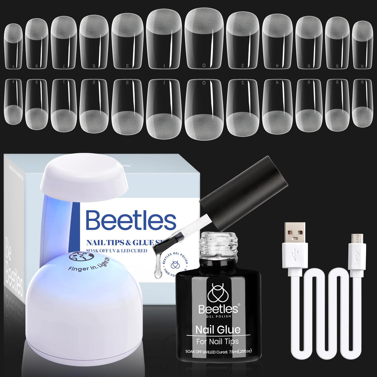 Beetles Gel Nail Kit with 504 half-matte tips shown for natural extension, adjustable sizes 0–11