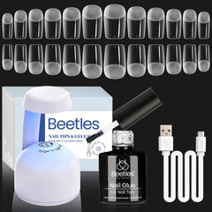 Beetles Gel Nail Kit with 504 half-matte tips shown for natural extension, adjustable sizes 0–11