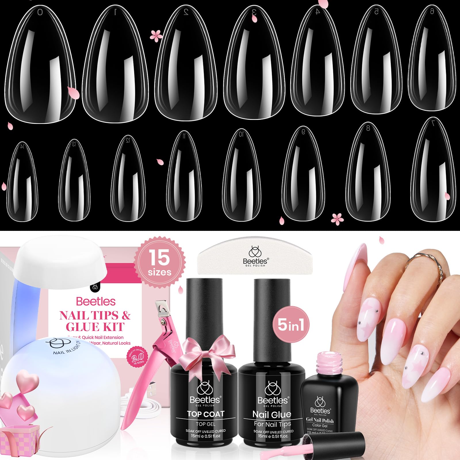 Beetles Gel Nail Kit clear almond tips extension for at-home manicure.