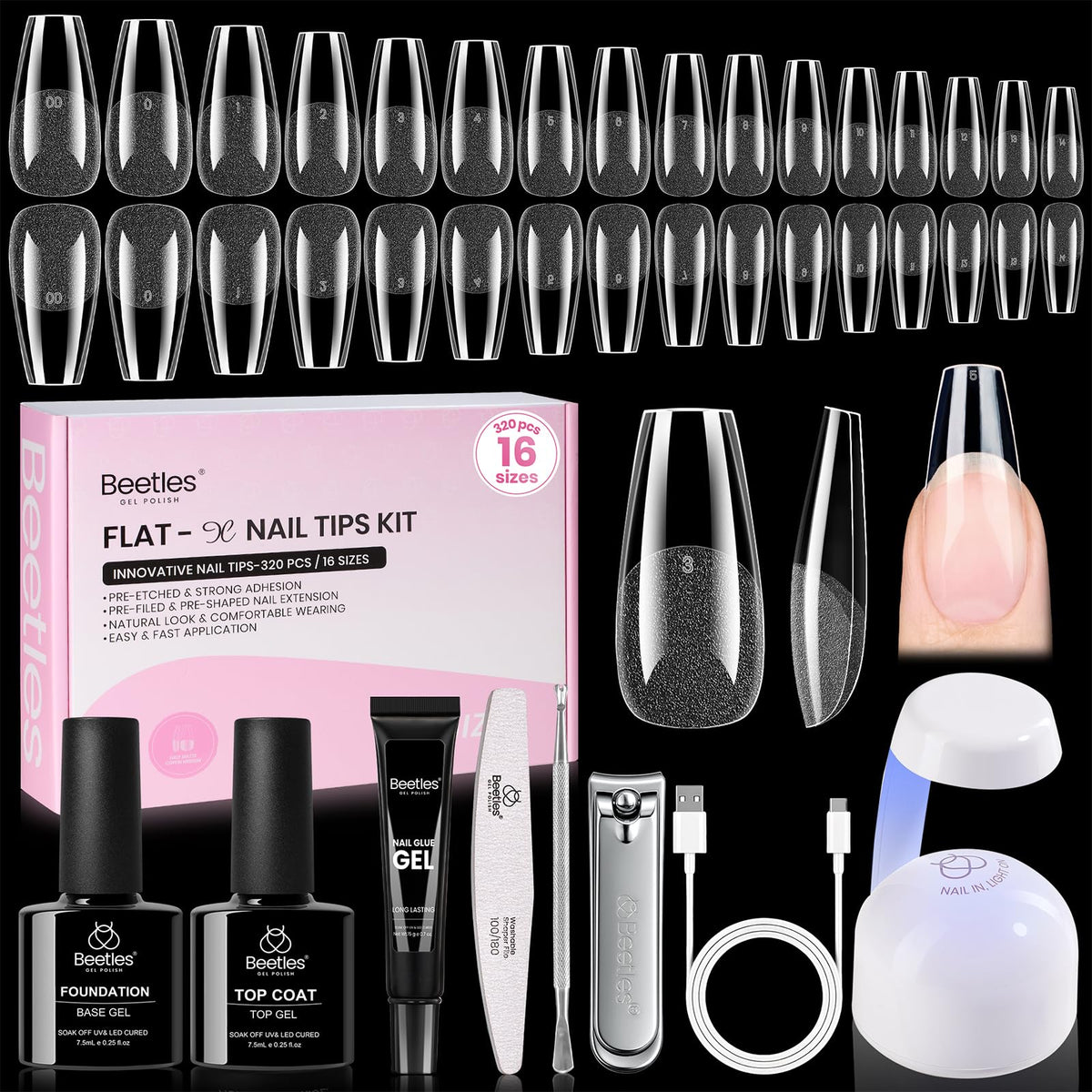 Beetles Gel Nail Kit Flat-X coffin tips for precise at-home extensions