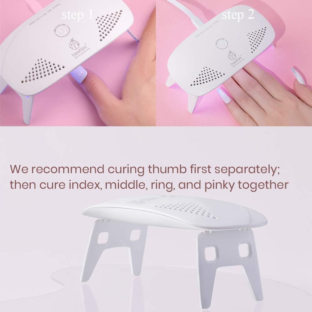Beetles gel nail lamp compatible with base/top coats, hard gel, and poly gel for versatility.