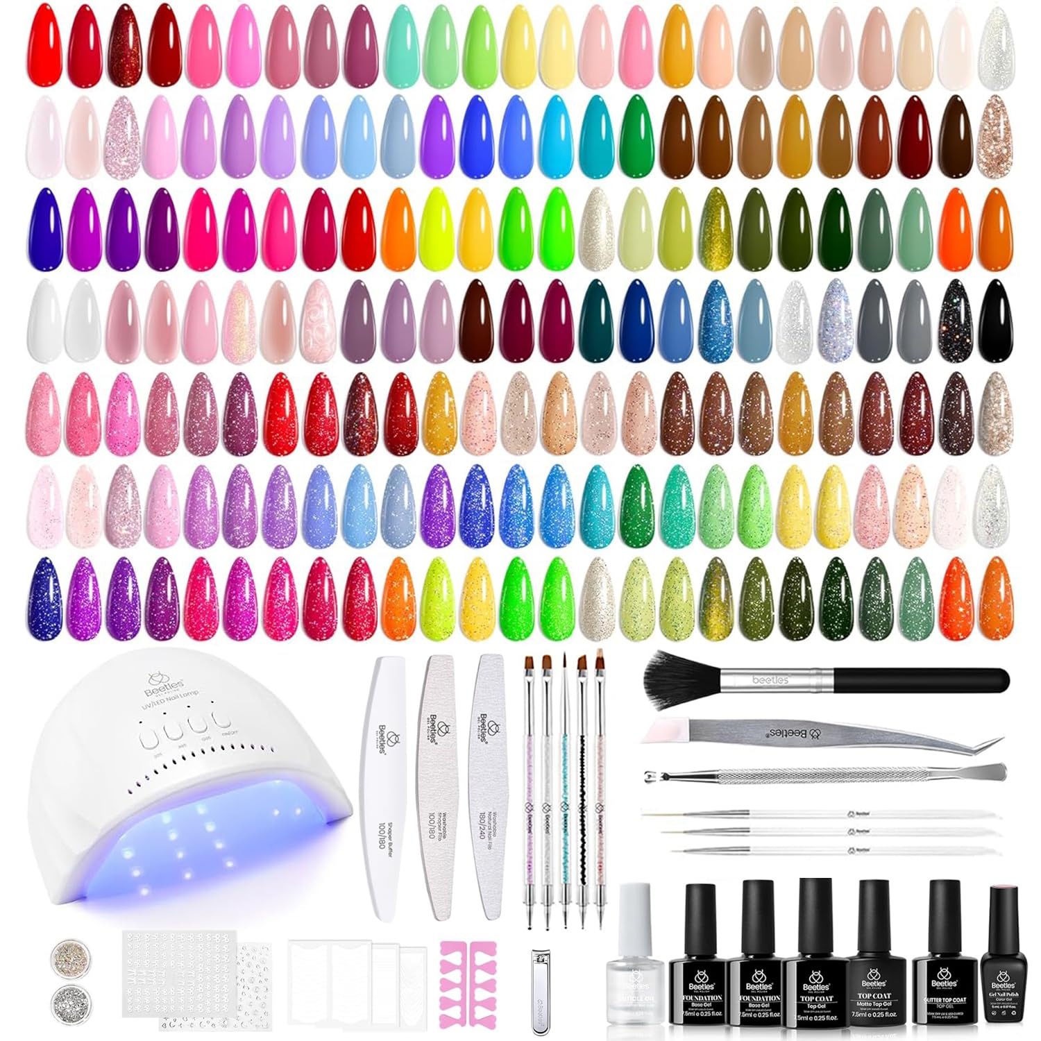 Beetles Gel Nail Polish Kit color display with 100 shades for seasonal looks