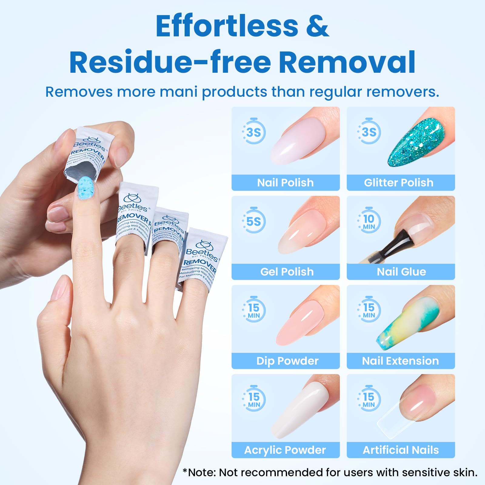 Beetles nail brush for gentle cleaning during removal and prep.