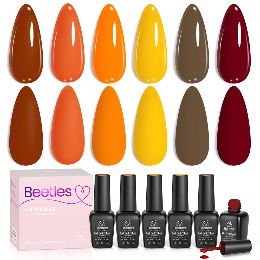 Beetles gel nail polish set with six fall colors on display for easy seasonal nail art.