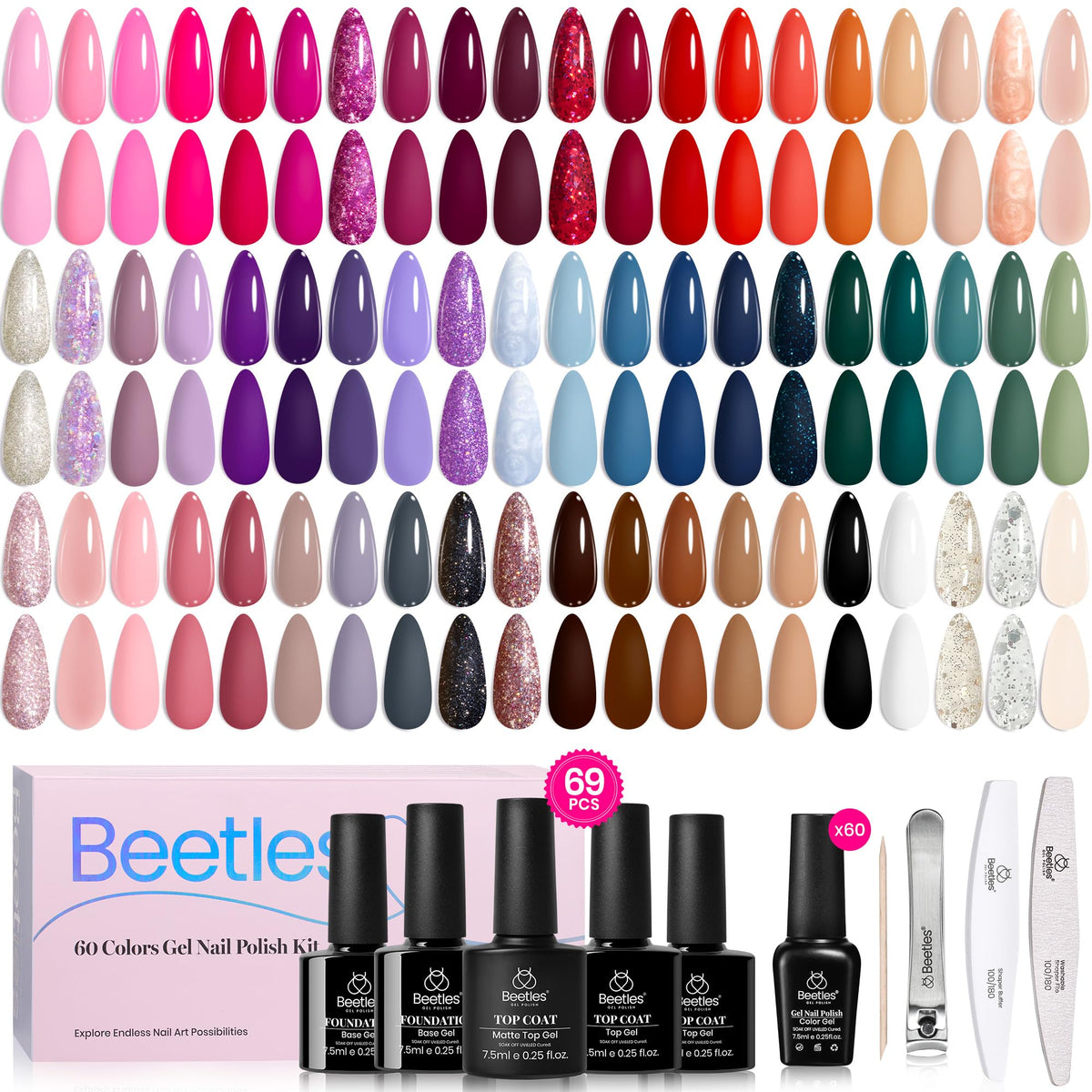 Beetles gel nail polish set showing 60 colors for versatile nail art options.