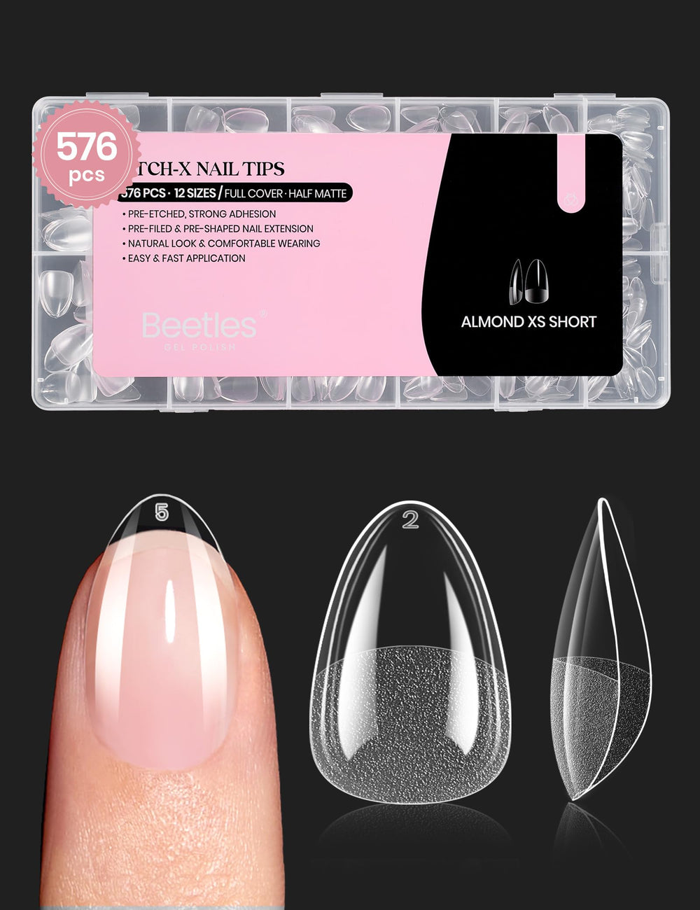 Beetles Gel Nail Tips almond half-matte finish for quick at-home manicures