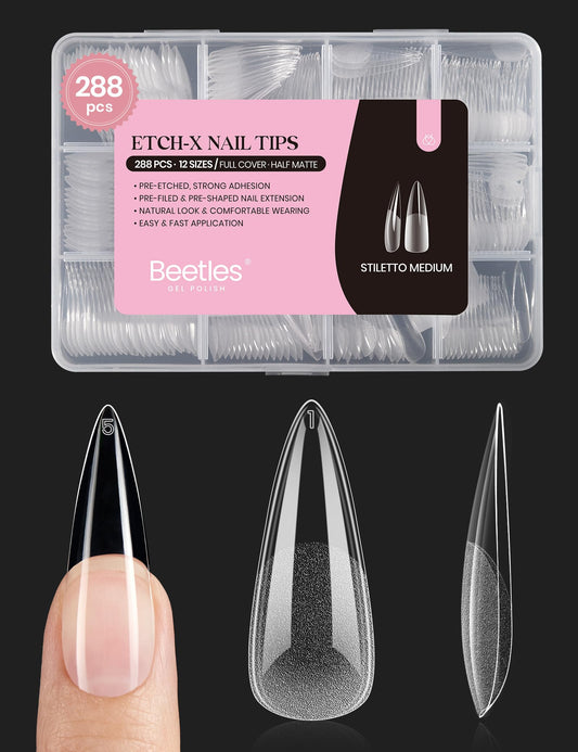 Beetles Gel Tips Etch-X stiletto medium—durable 288-piece kit for easy DIY nails