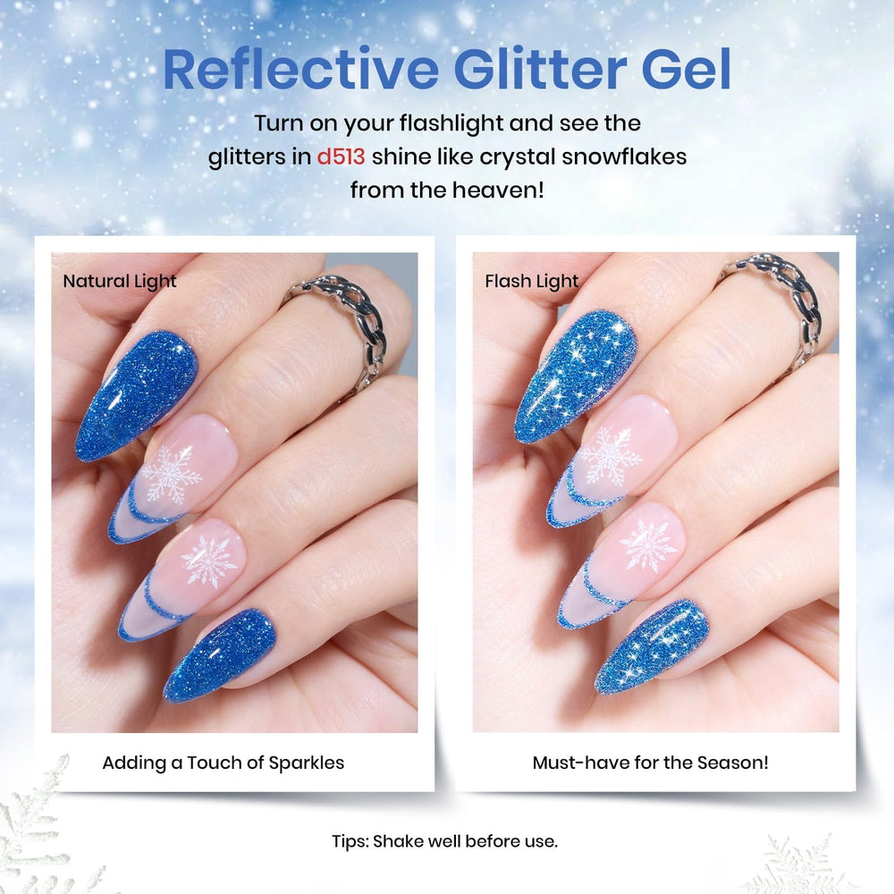 Beetles Gel Polish Blue Sparkle Glitter bottle highlights festive nails.