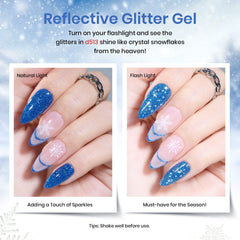 Beetles Gel Polish Blue Sparkle Glitter bottle highlights festive nails.