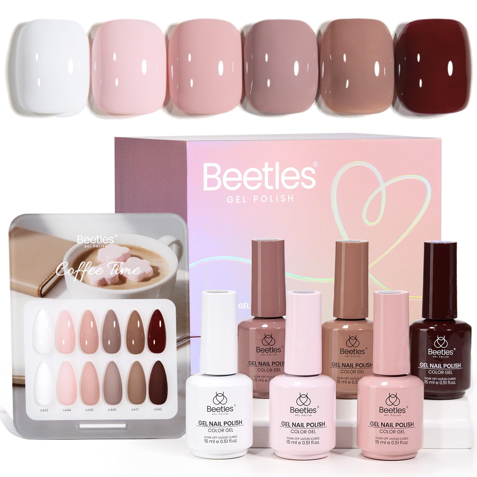 Beetles Gel Polish Coffee Time collection swatches, six versatile neutrals for everyday wear.
