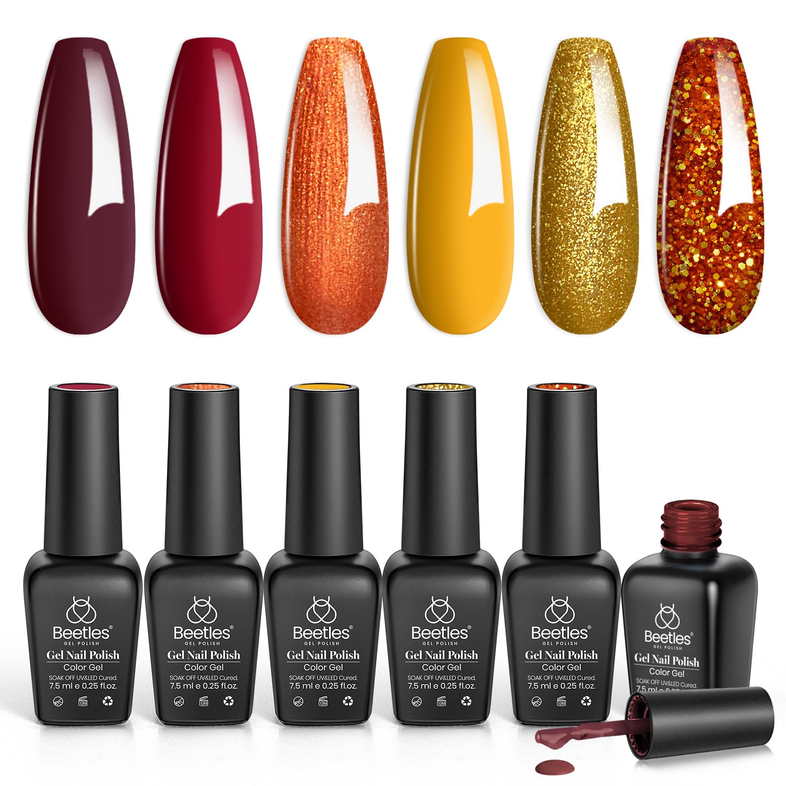 Beetles Gel Polish Golden Blessing collection swatches show six vibrant shades for versatile nail art.