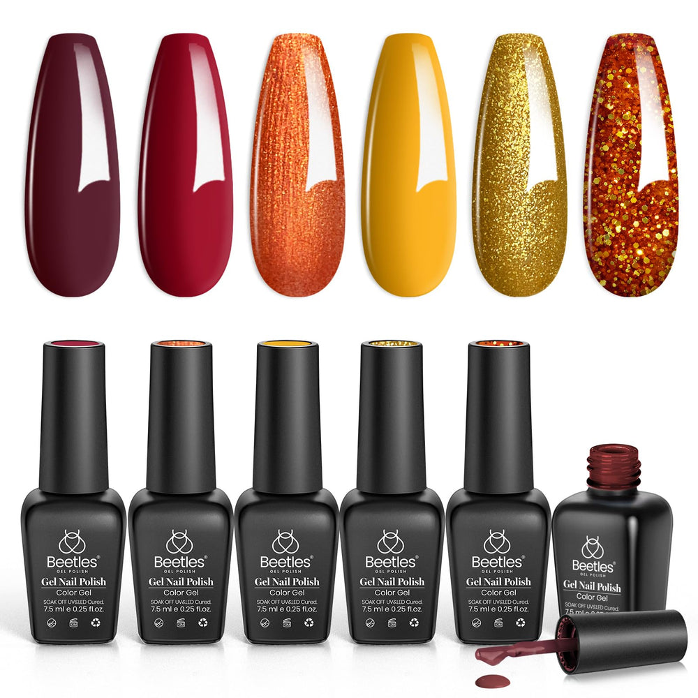 Beetles Gel Polish Golden Blessing collection swatches show six vibrant shades for versatile nail art.