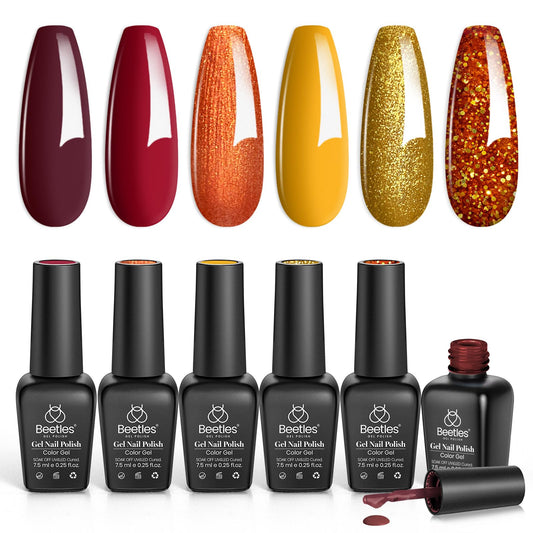 Beetles Gel Polish Golden Blessing collection swatches show six vibrant shades for versatile nail art.