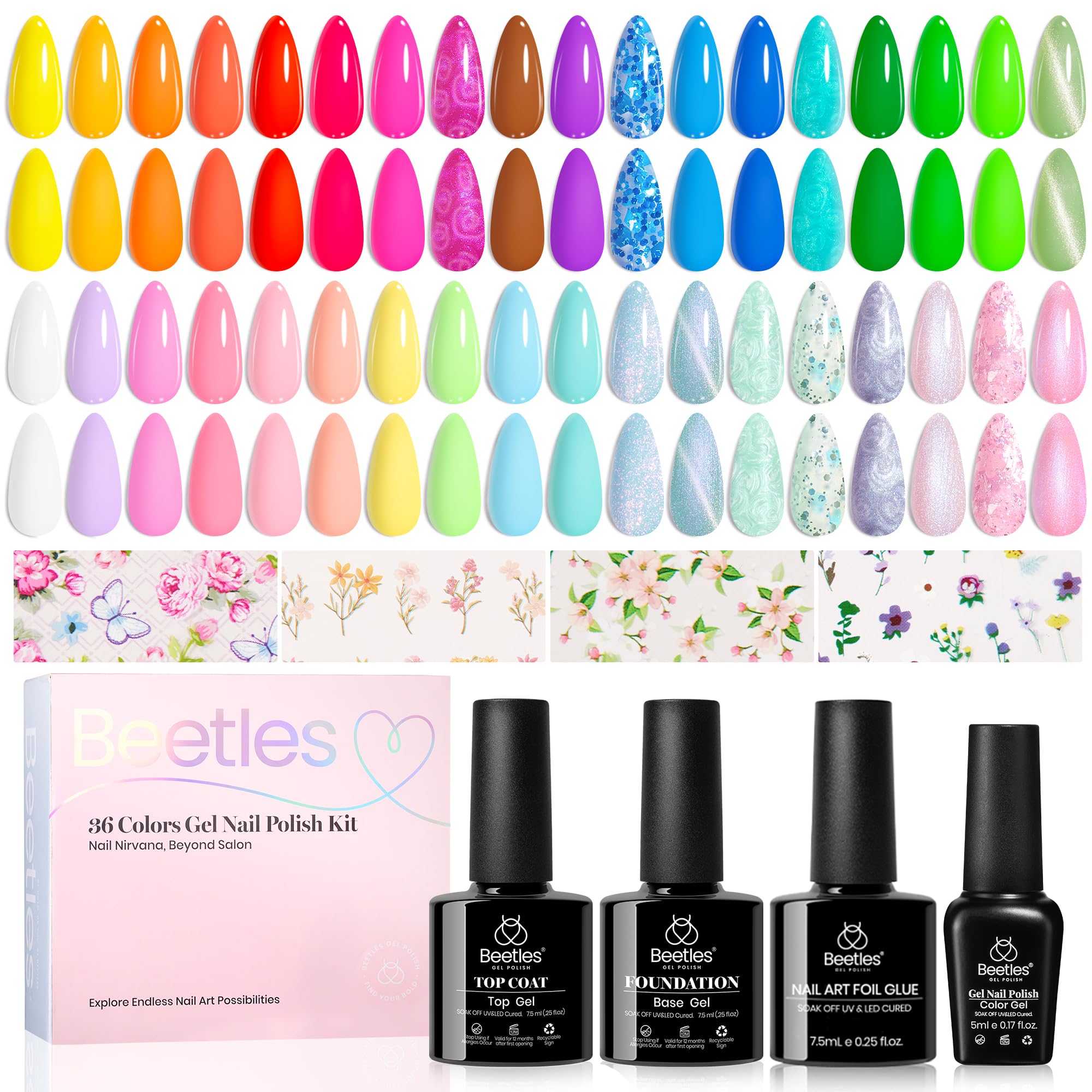 Beetles Gel Polish Kit with 36 pastel and glitter shades for versatile nails.