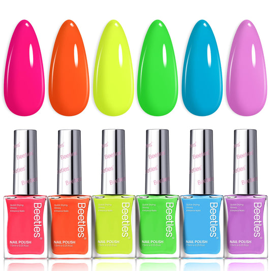 Beetles Gel Polish neon set swatches show six vibrant shades for bold looks.
