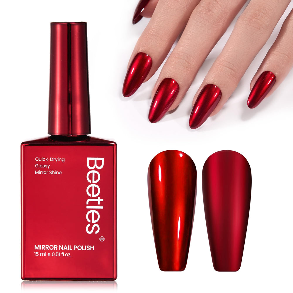 Beetles Gel Polish Red Chrome bottle cap reflects bold red, a striking finish.
