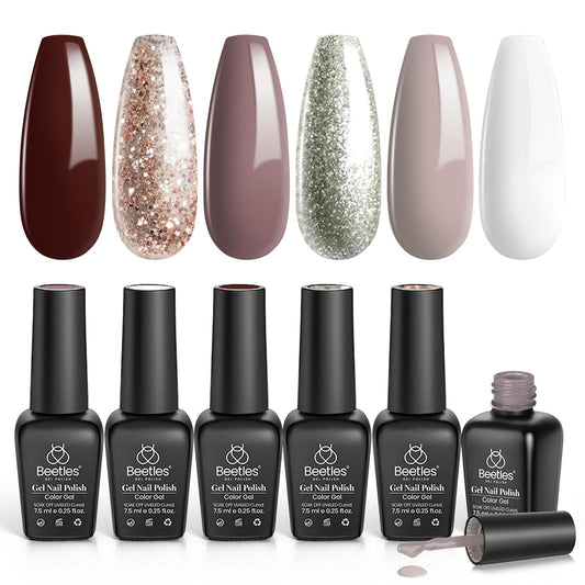 Beetles Gel Polish Set swatches in brown, gray, and taupe for a chic winter look