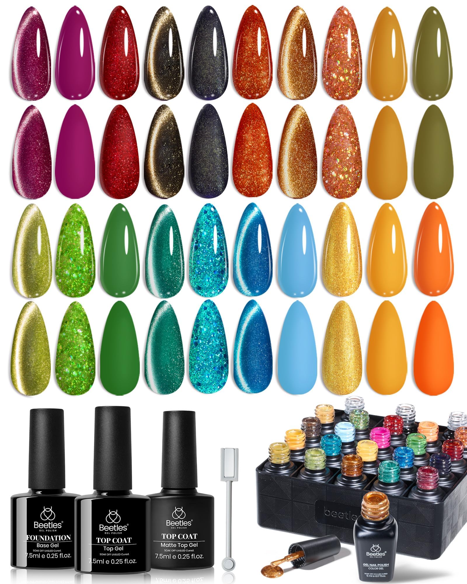 Beetles Gel Polish Set Glint Crush swatch deck with 20 shades for inspiration