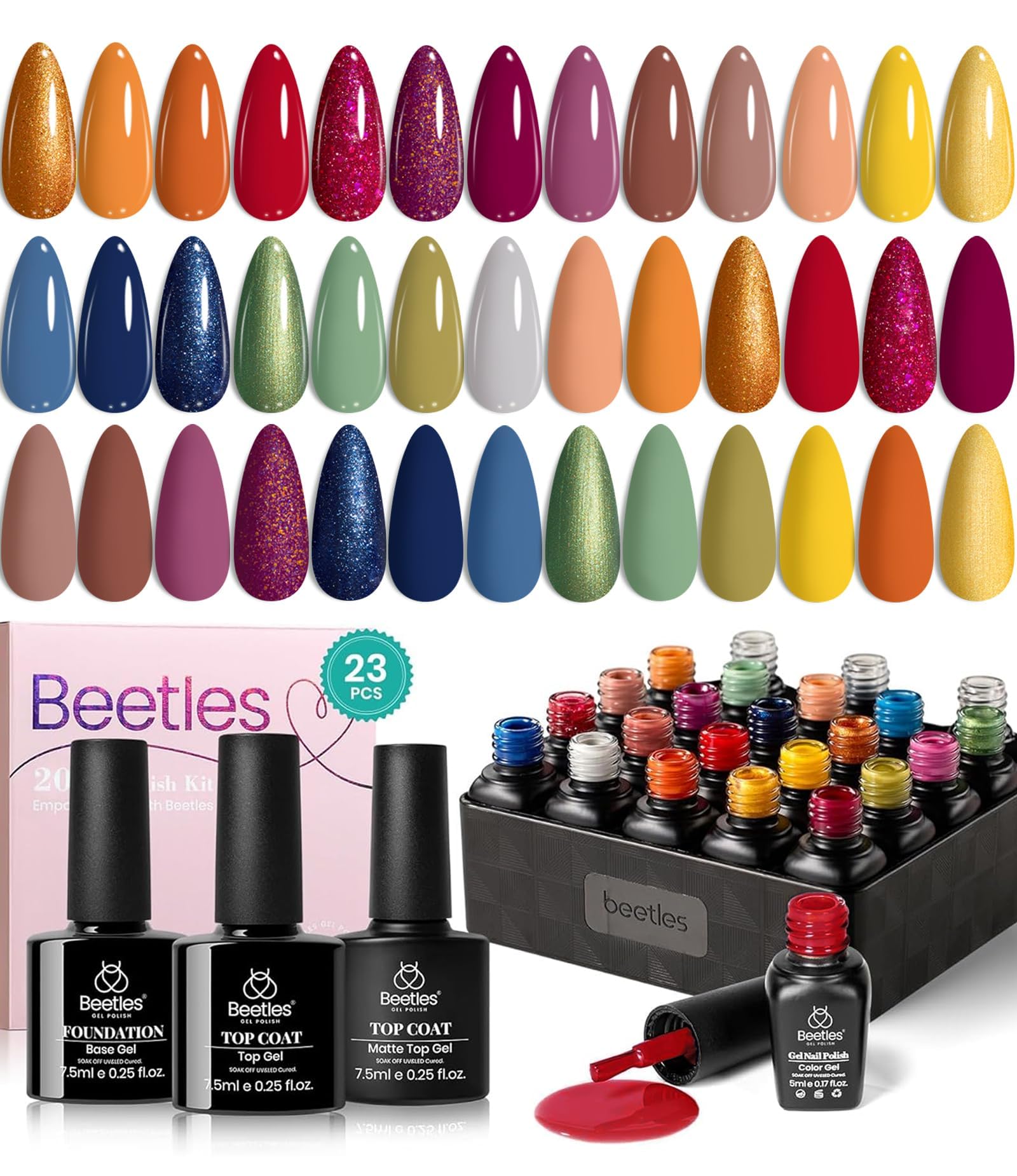 Beetles nail color swatches demonstrating smooth coverage and color range