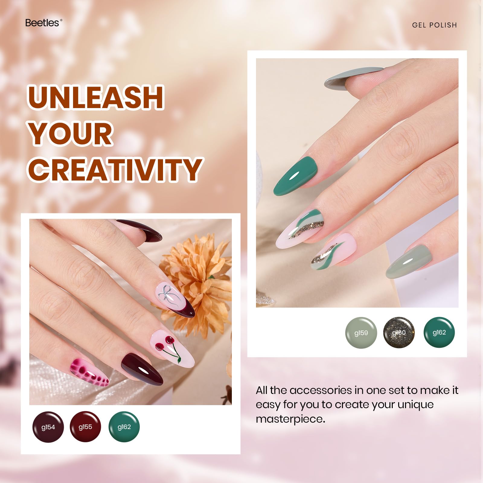 Beetles Gel Polish set with base and top coats supports easy at-home layering.