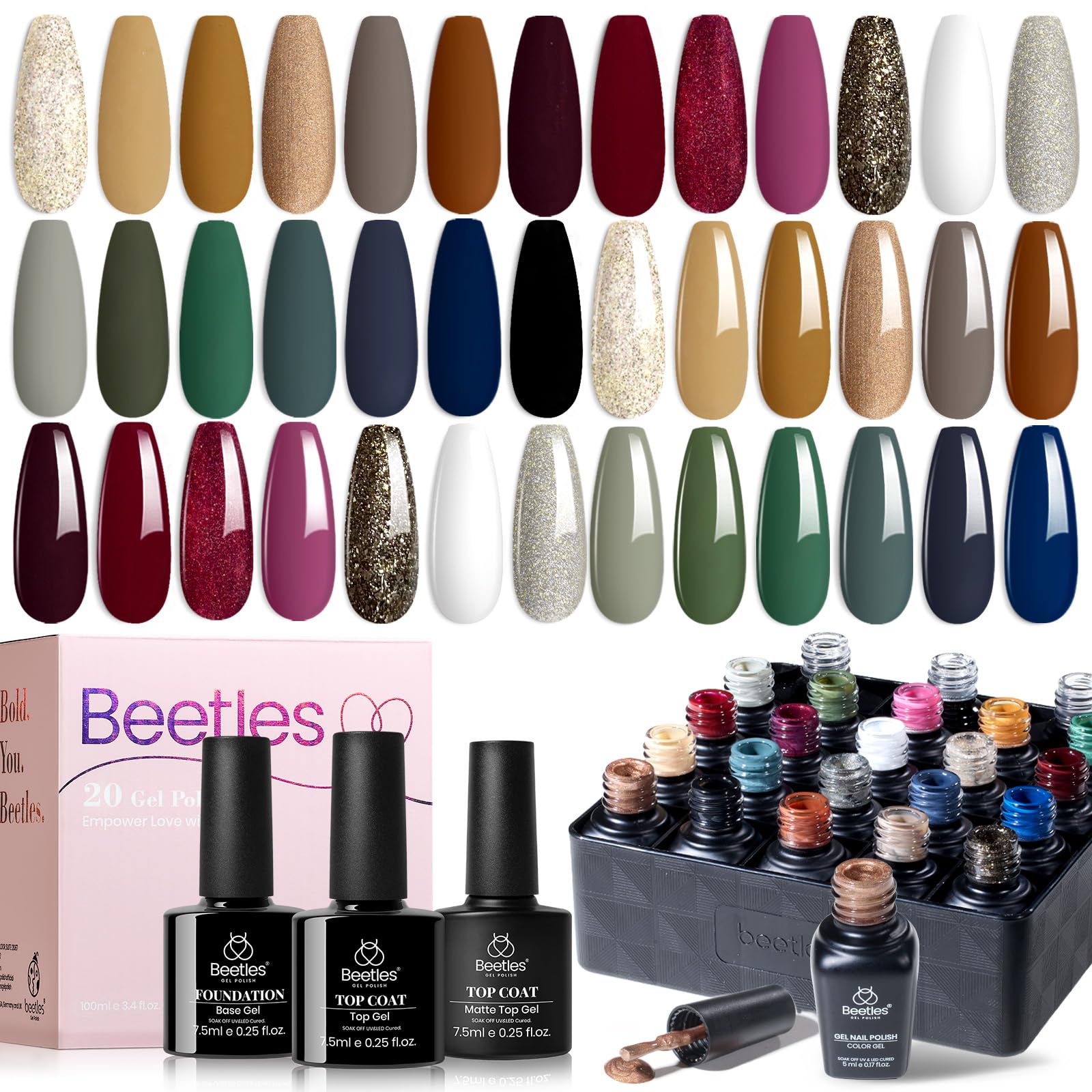 Beetles Sonata color swatches show earthy fall shades for chic at-home manicures.