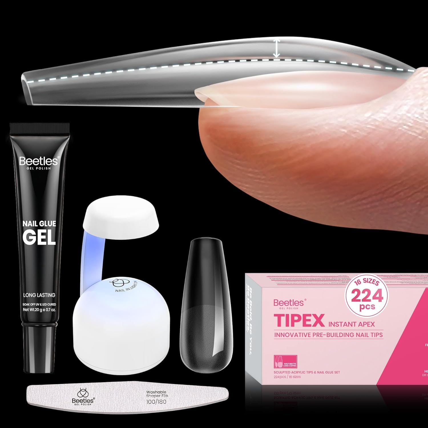 Beetles Gel Polish Tipex instant apex tips kit with 224 pre-shaped tips for secure extensions.