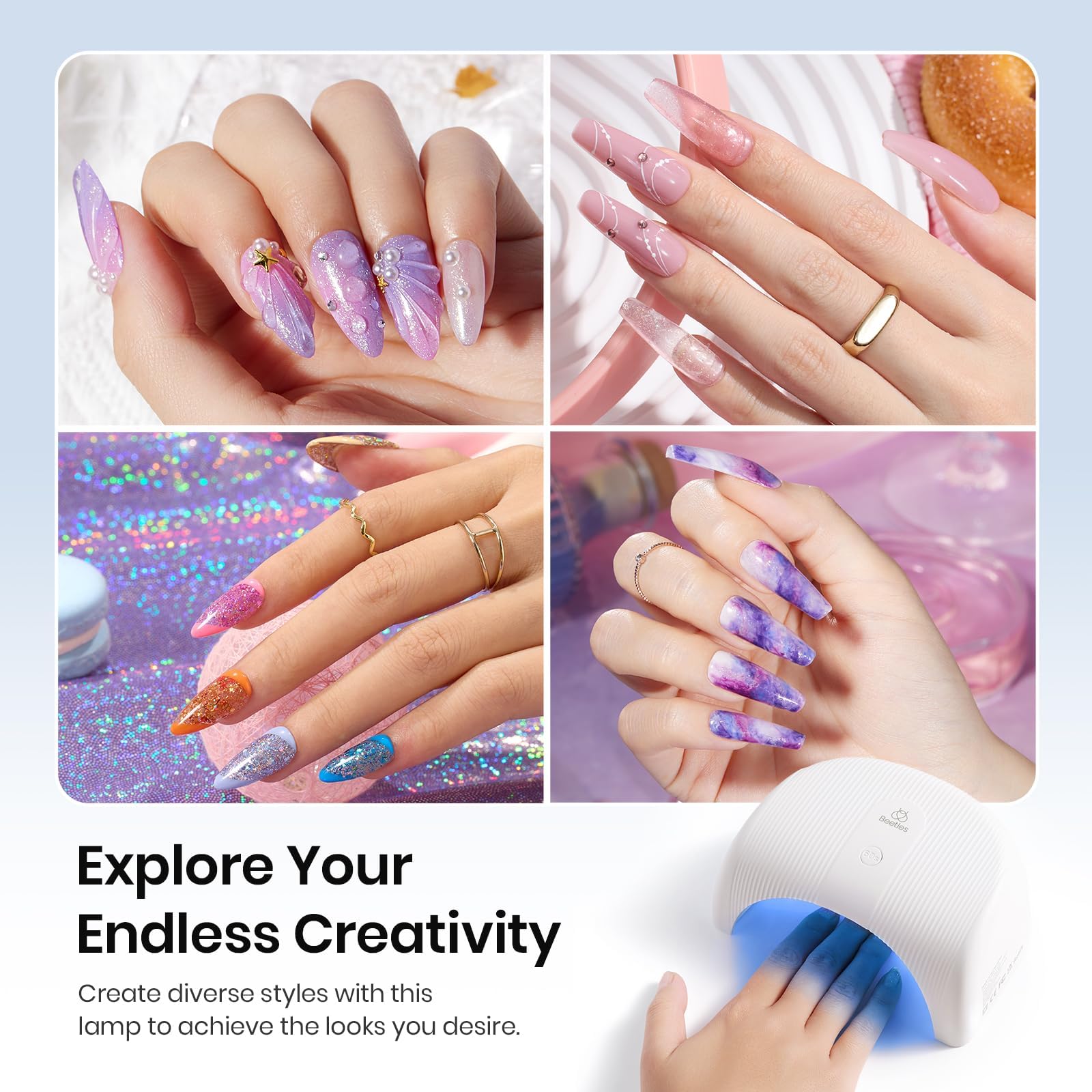 Beetles Gel Polish UV LED Nail Lamp in-use image suggests safe, efficient gel curing at home.