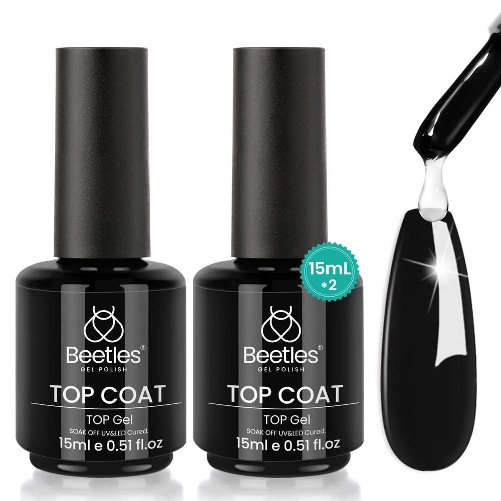 Beetles Gel Top Coat bottle close-up showing long-lasting gloss.