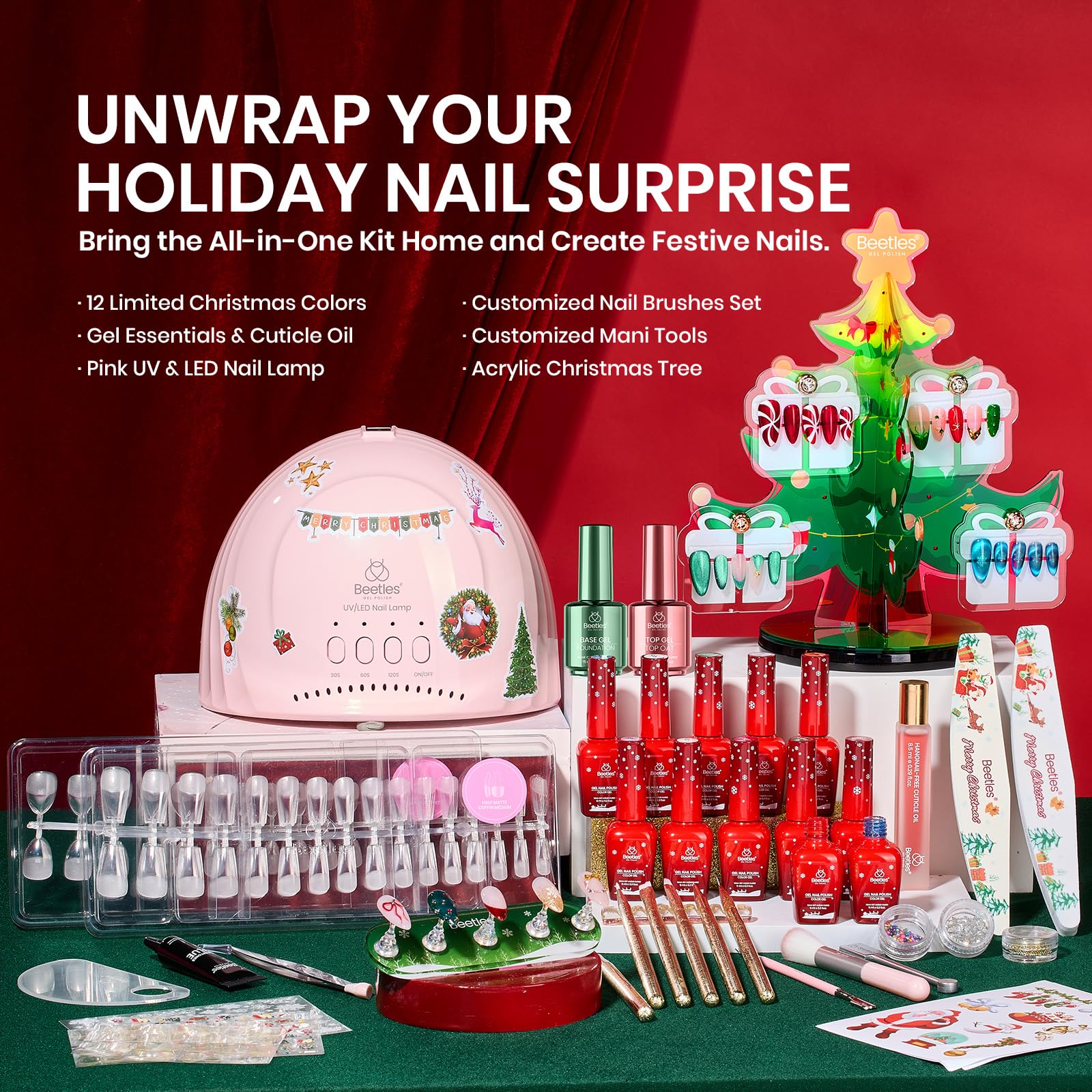 Beetles red and gold glitter gel polish for festive nails.