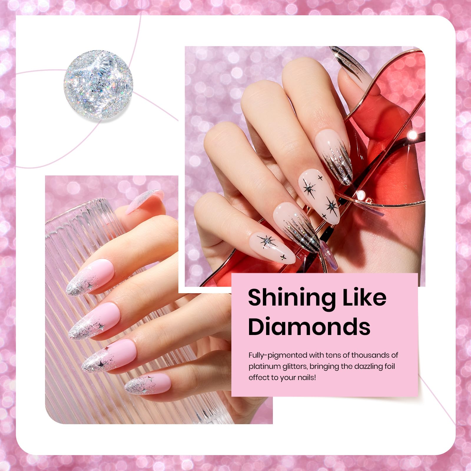Beetles Glitter Gel Polish Diamond Shine holographic swatch shifts with light.