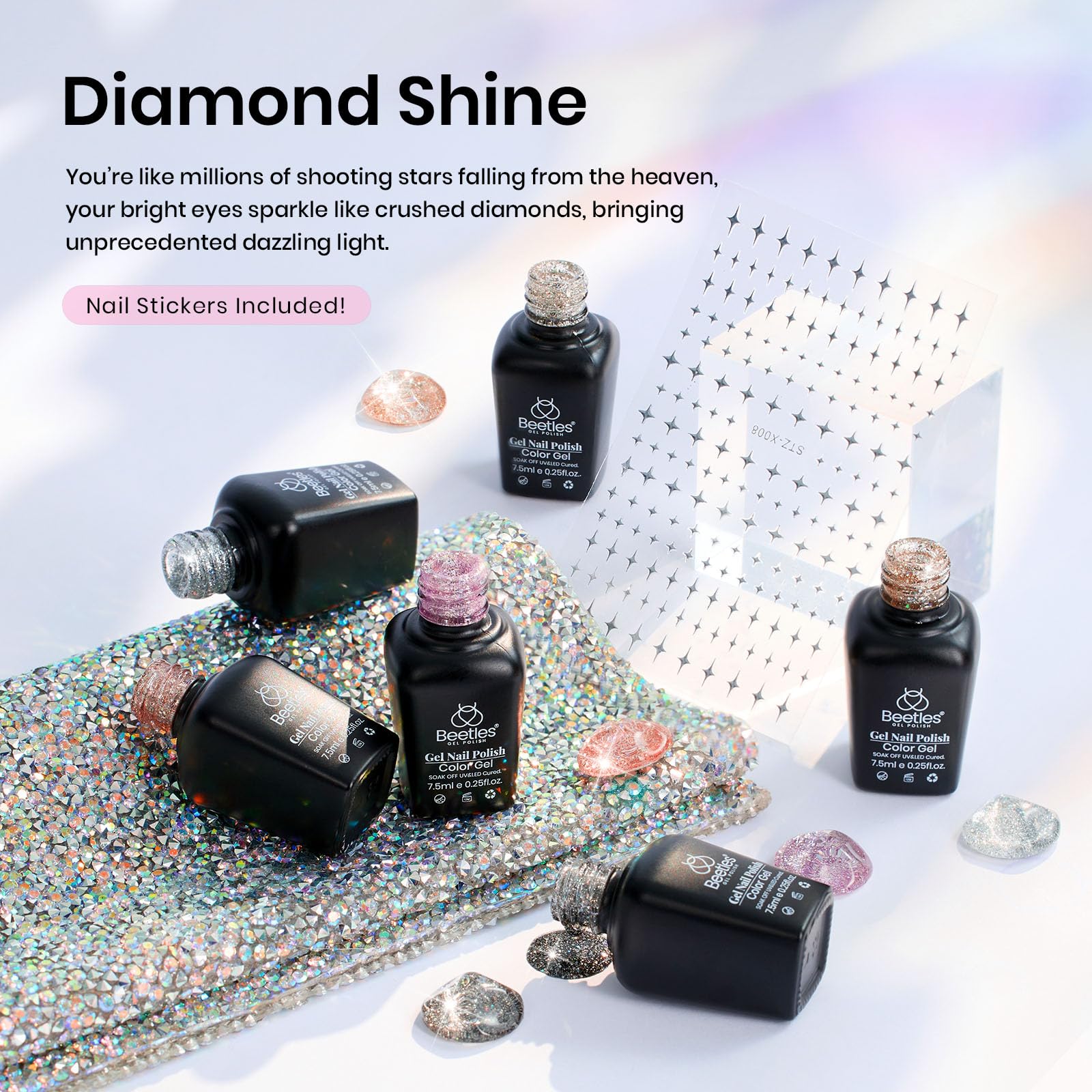 Beetles Glitter Gel Polish Diamond Shine pink color swatch for playful sparkle.