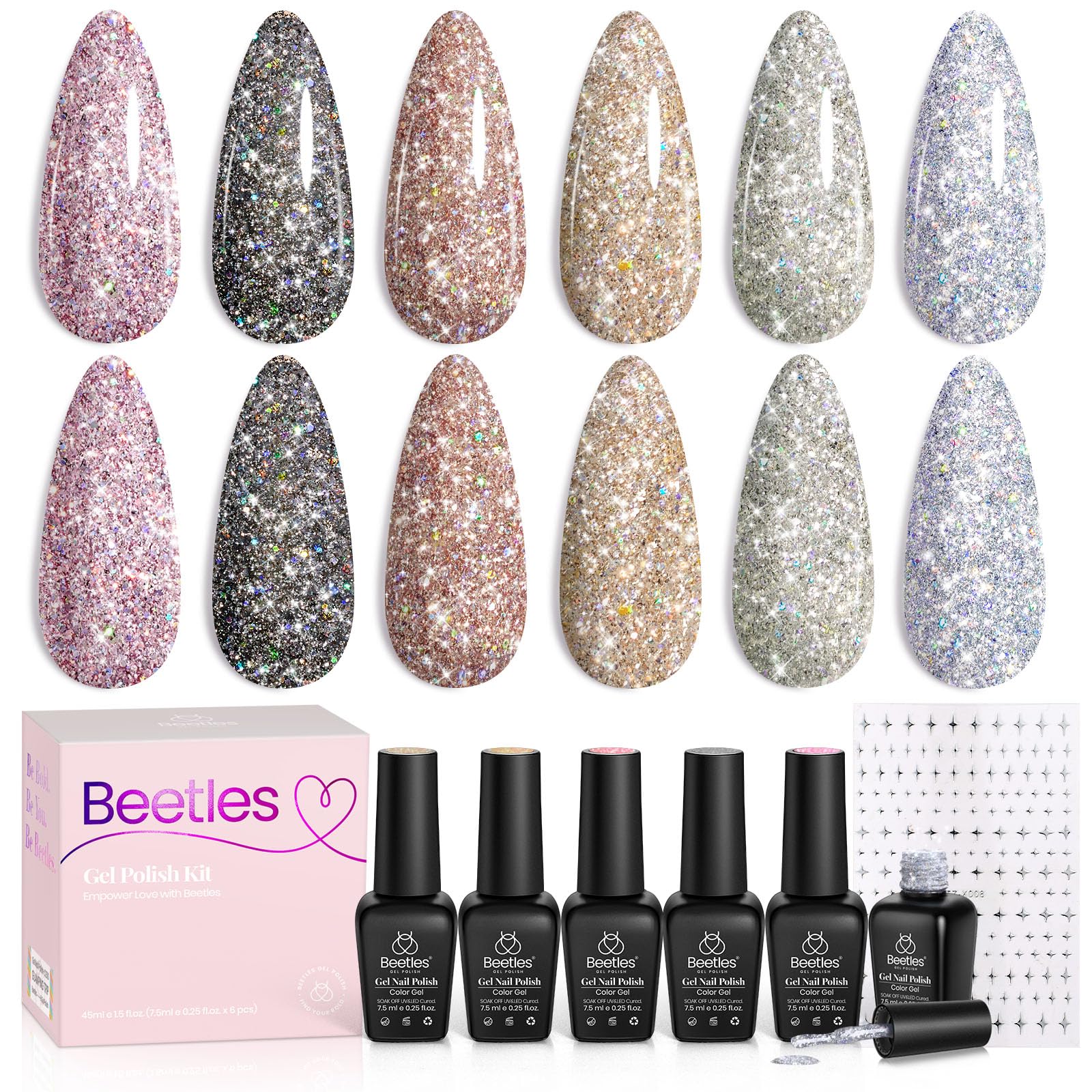 Beetles Glitter Gel Polish Diamond Shine silver color swatch with vibrant sparkles.