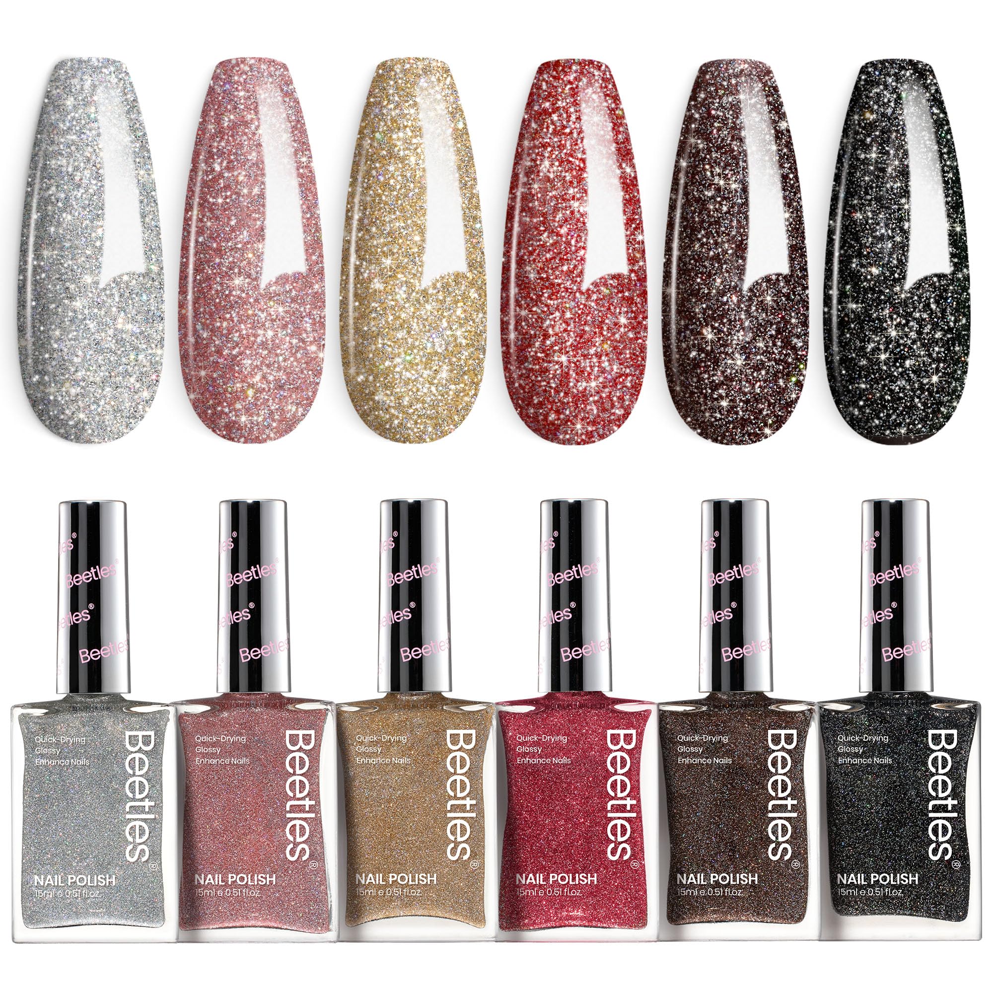 Beetles Glitter Nail Polish Set silver bottle delivers a glossy glitter finish for party-ready nails.