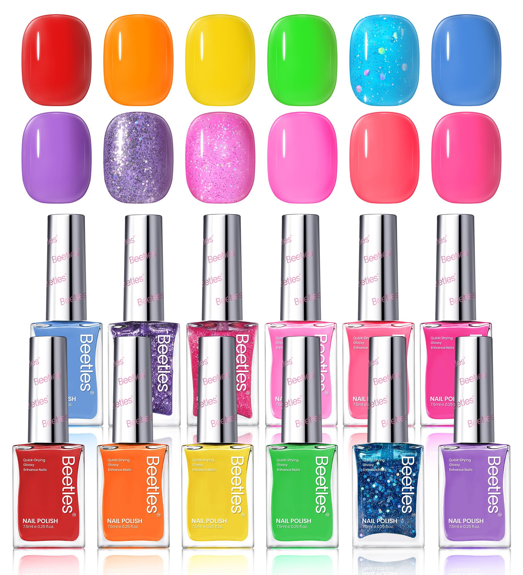 Beetles Glitter Neon Nail Polish Set packaging image showing 12 colors for easy at-home manicures