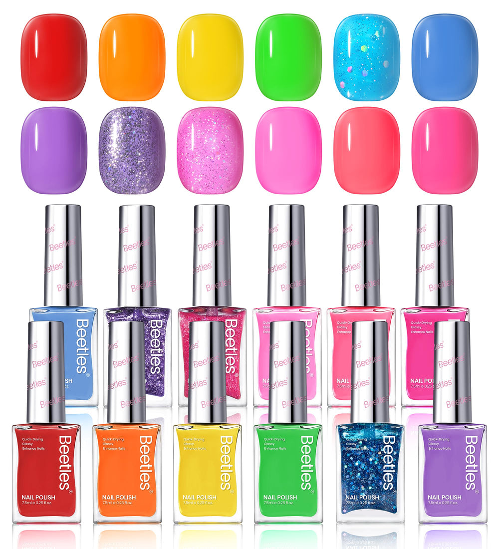 Beetles Glitter Neon Nail Polish Set packaging image showing 12 colors for easy at-home manicures