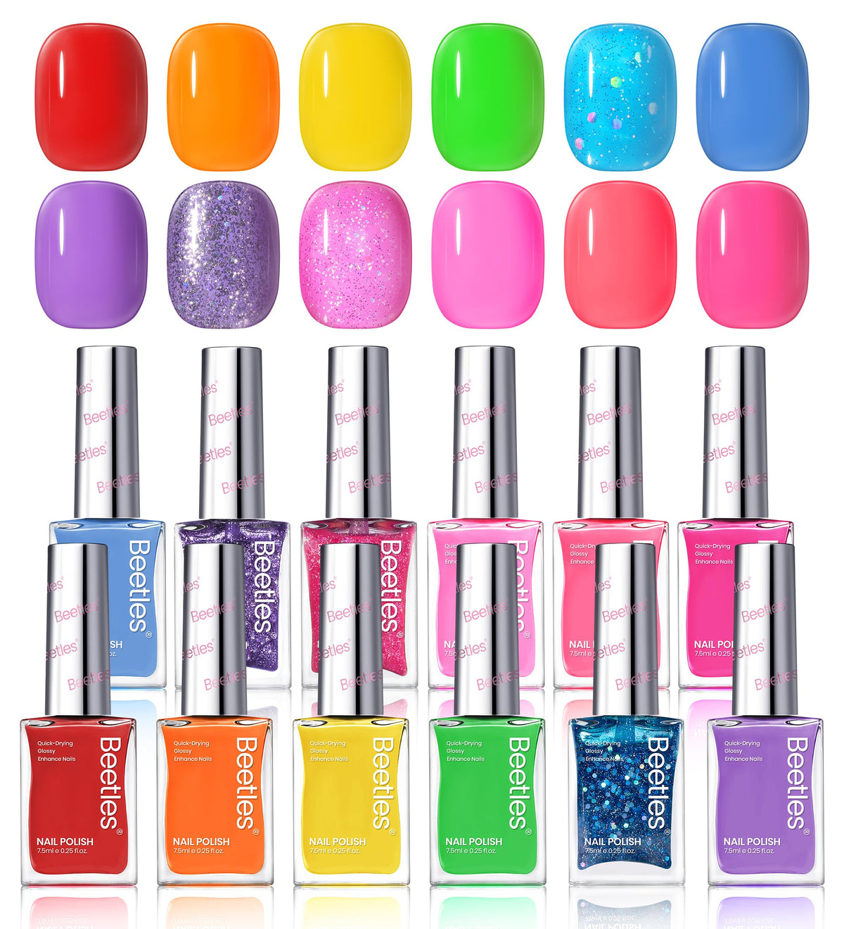 Beetles Glitter Neon Nail Polish Set packaging image showing 12 colors for easy at-home manicures